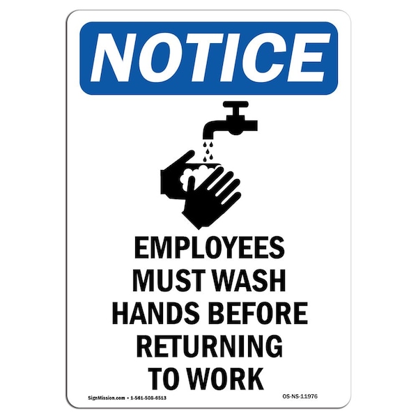 Signmission OSHA Sign, 24" H, Rigid Plastic, Employees Must Wash Sign With Symbol, Portrait, 1824-V-11976 OS-NS-P-1824-V-11976 - main